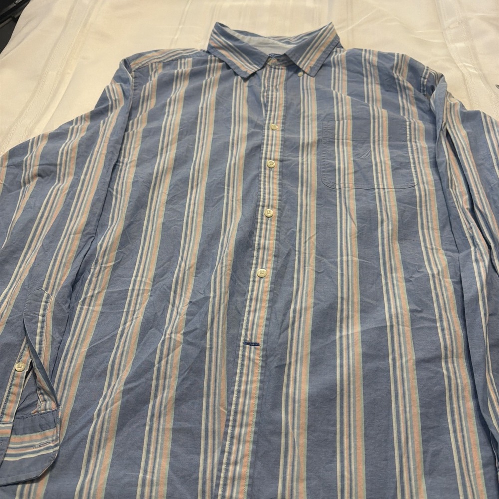 Nautica Blue Sail Mens XXL Blue Striped Button Down Shirt Classic Fit Stretch